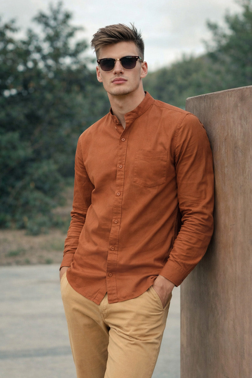 Rust Plain Regular Fit Chinese Collar Full Sleeve Exclusive Shirt