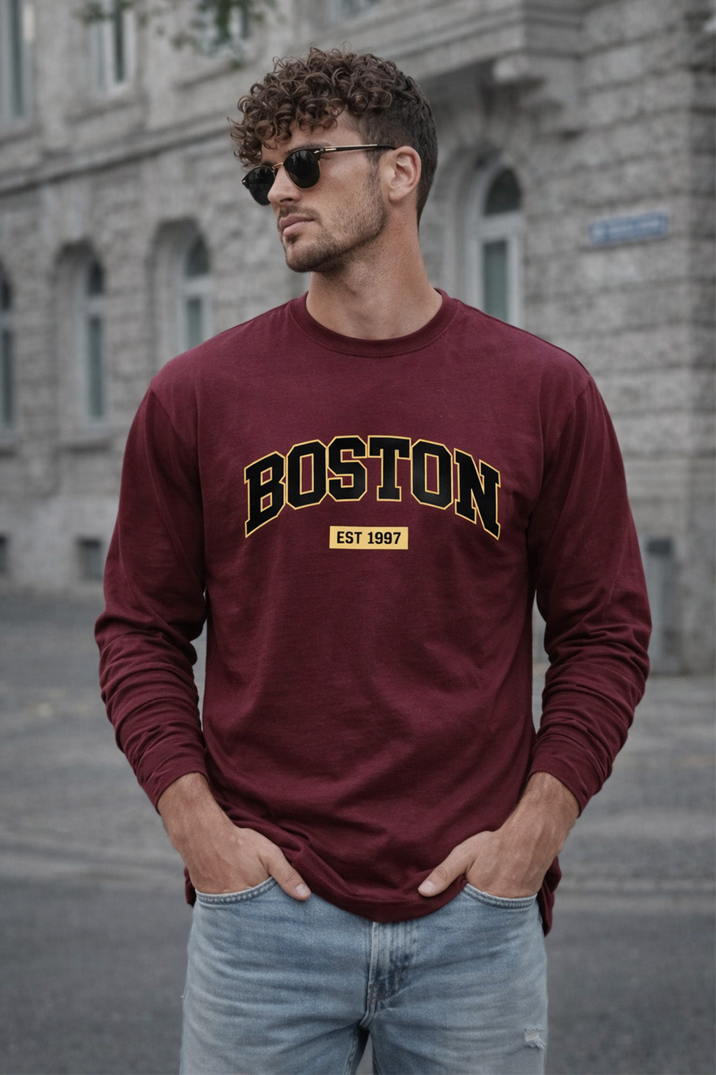 Boston Maroon Full Sleeves Regular Fit Printed T-shirt