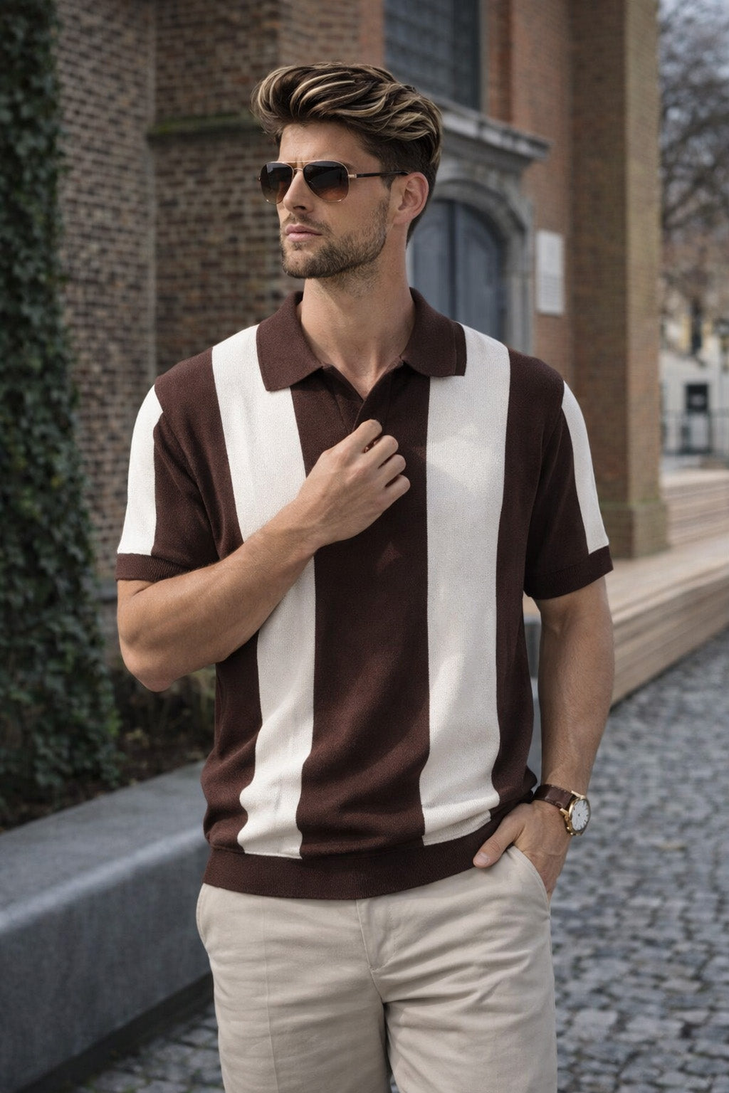 Mono Stripe Brown Flatknit Textured Loose Fit Exclusive Polo T-Shirt
