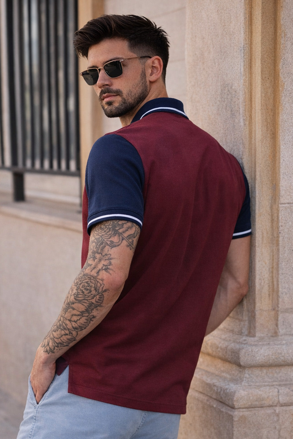 Skull Maroon Contrast Stripped Collar Economic Regular Fit Pique Polo