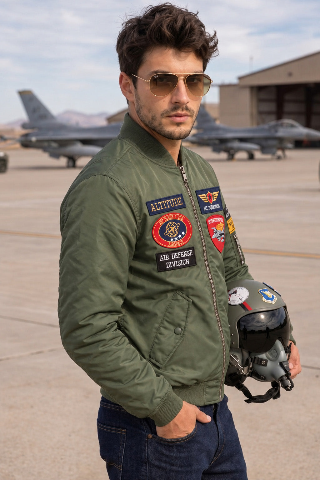 Altitude Olive Green Multi-Patch Detailed Full Sleeve Zip-Up Pilot Jacket
