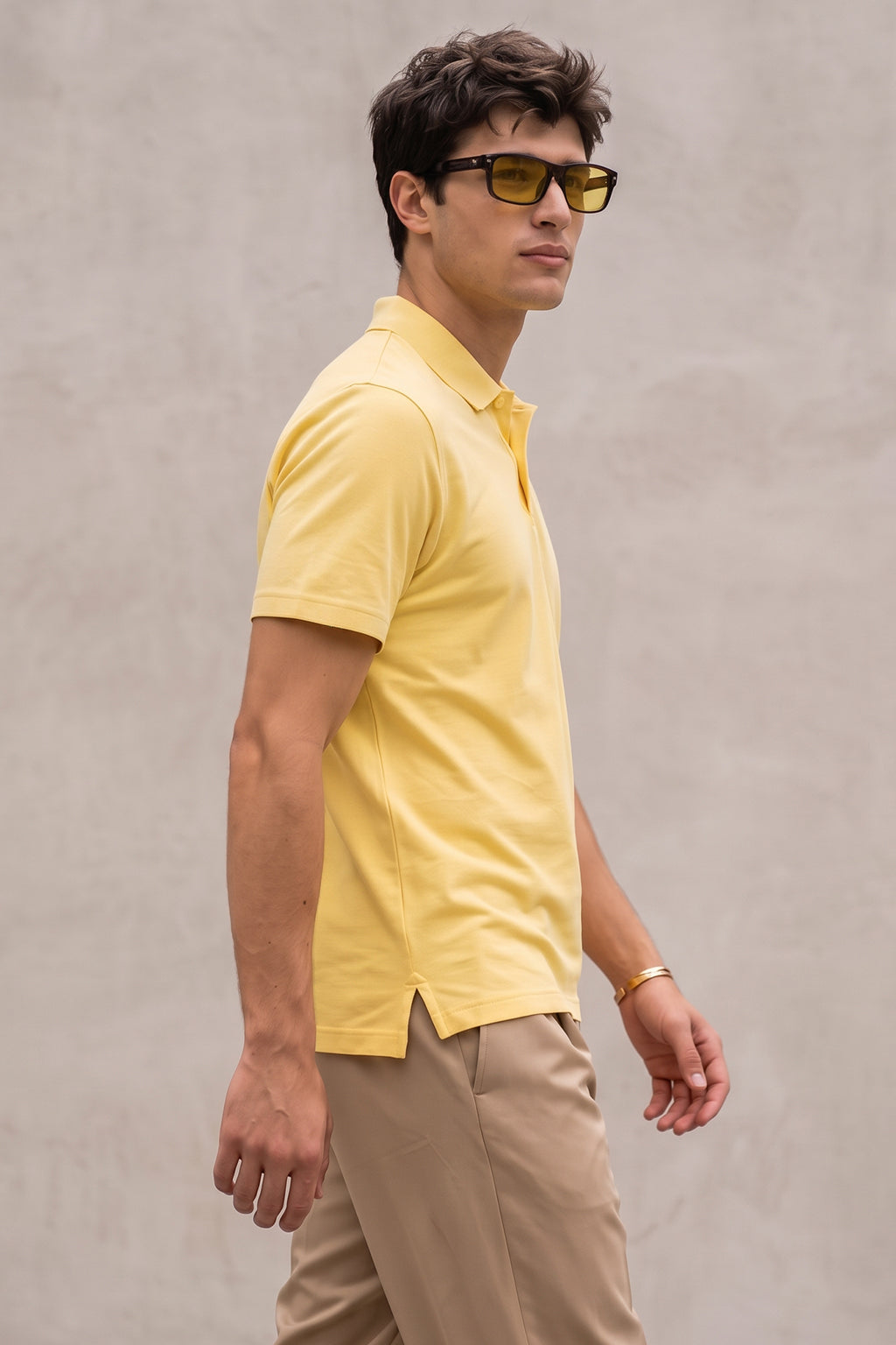 Yellow Interlock Plain Regular Fit Button Polo T-shirt