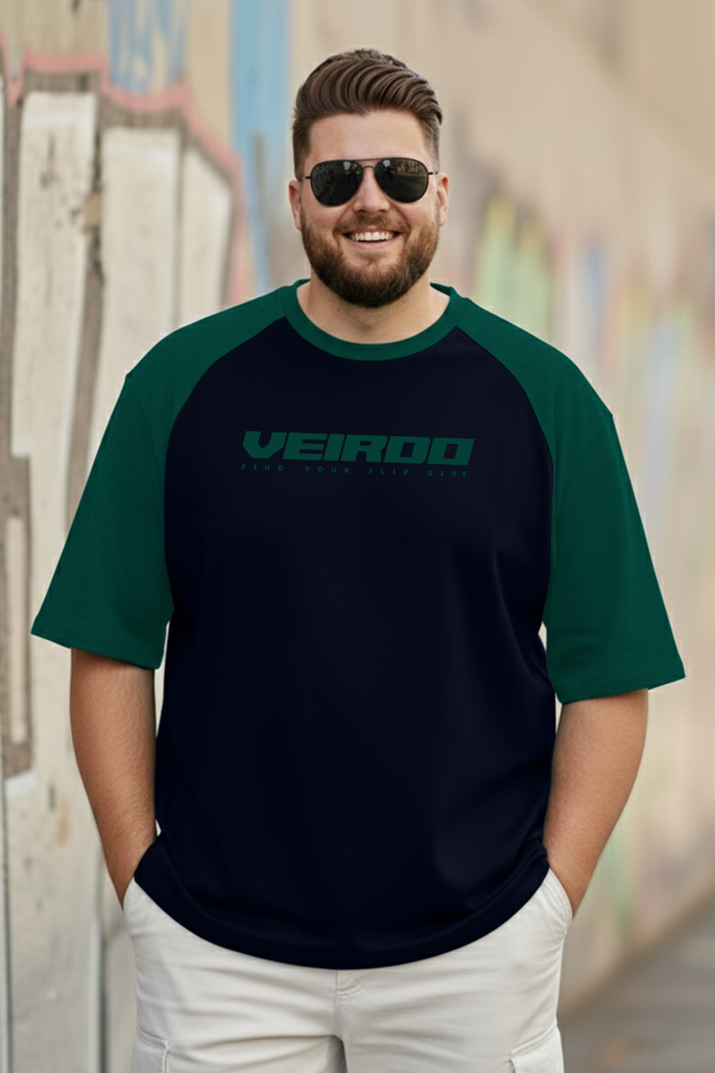 Veirdo Original Navy & Green Raglan Sleeve Graphic Printed Plus Size T-shirt