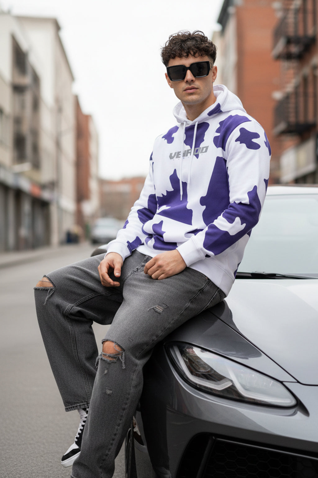 Cow Lilac Regular Fit Graphic Printed Hoodie
