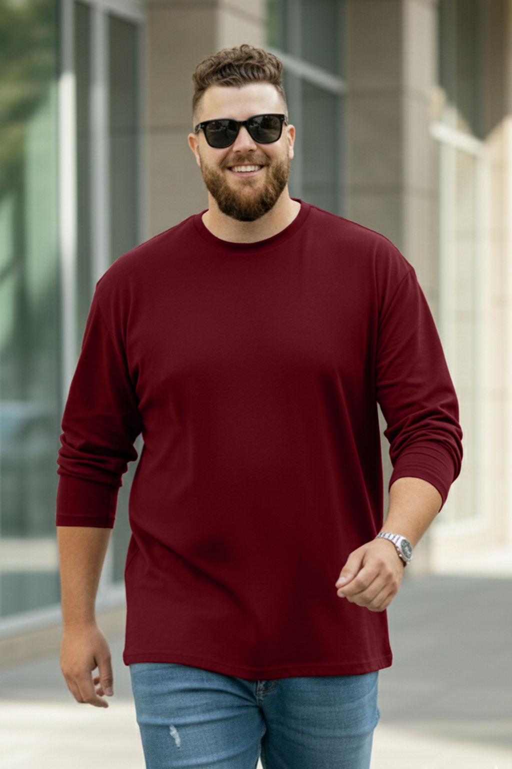 Maroon Plain Full Sleeve Plus Size T-shirt