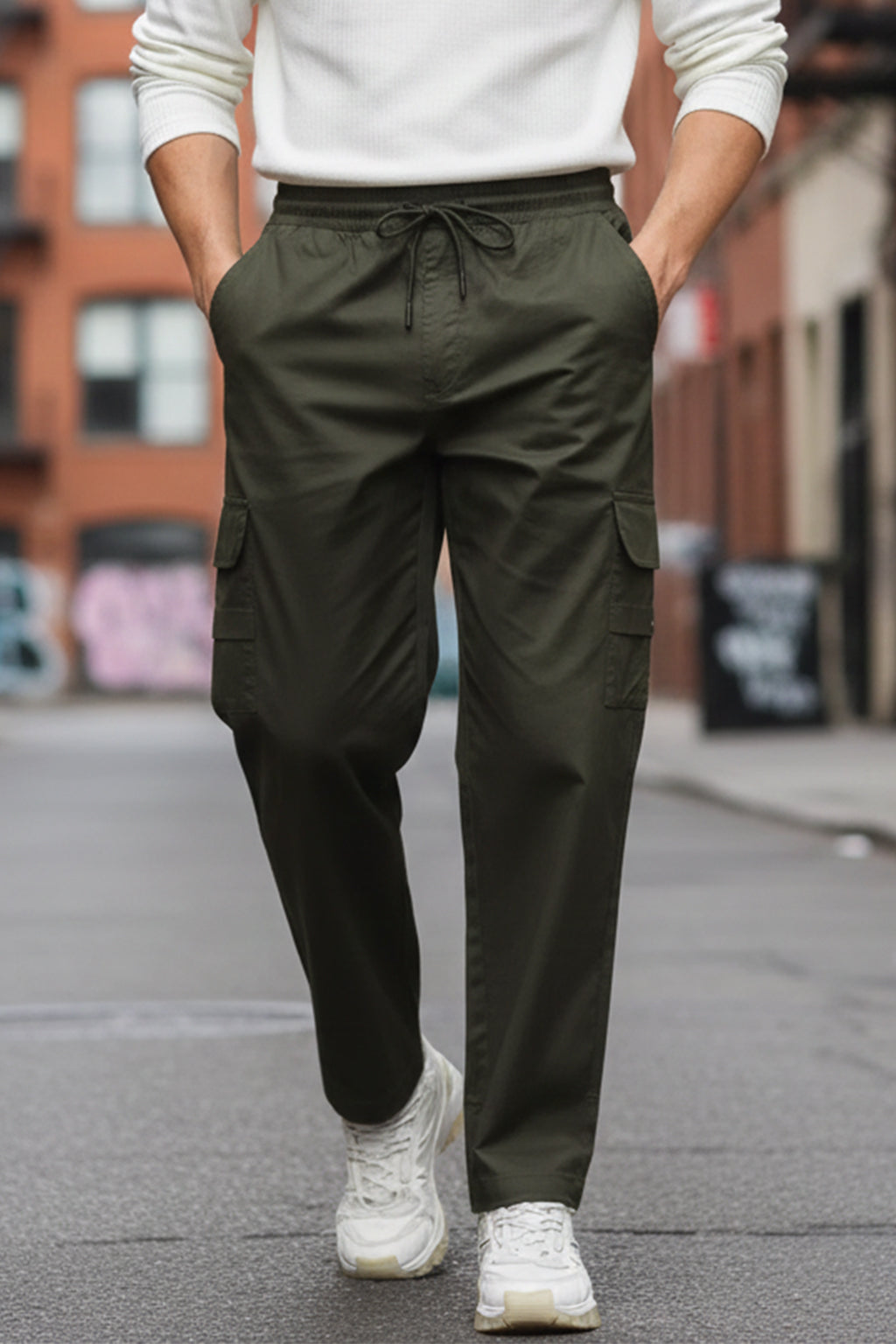 Olive Pure Cotton Baggy Fit 4 Pocket Cargo