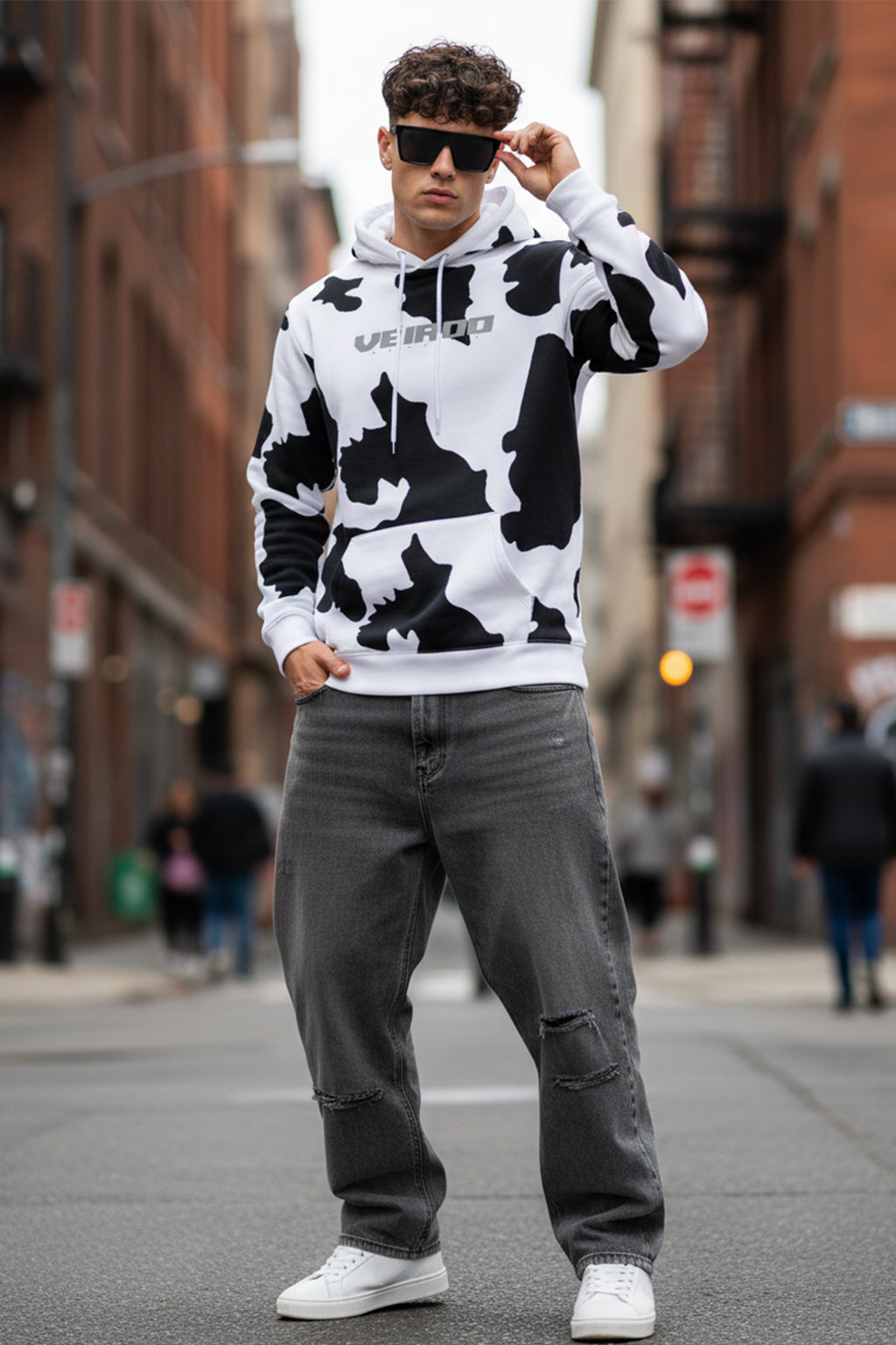 Cow White Regular Fit Graphic Printed Hoodie