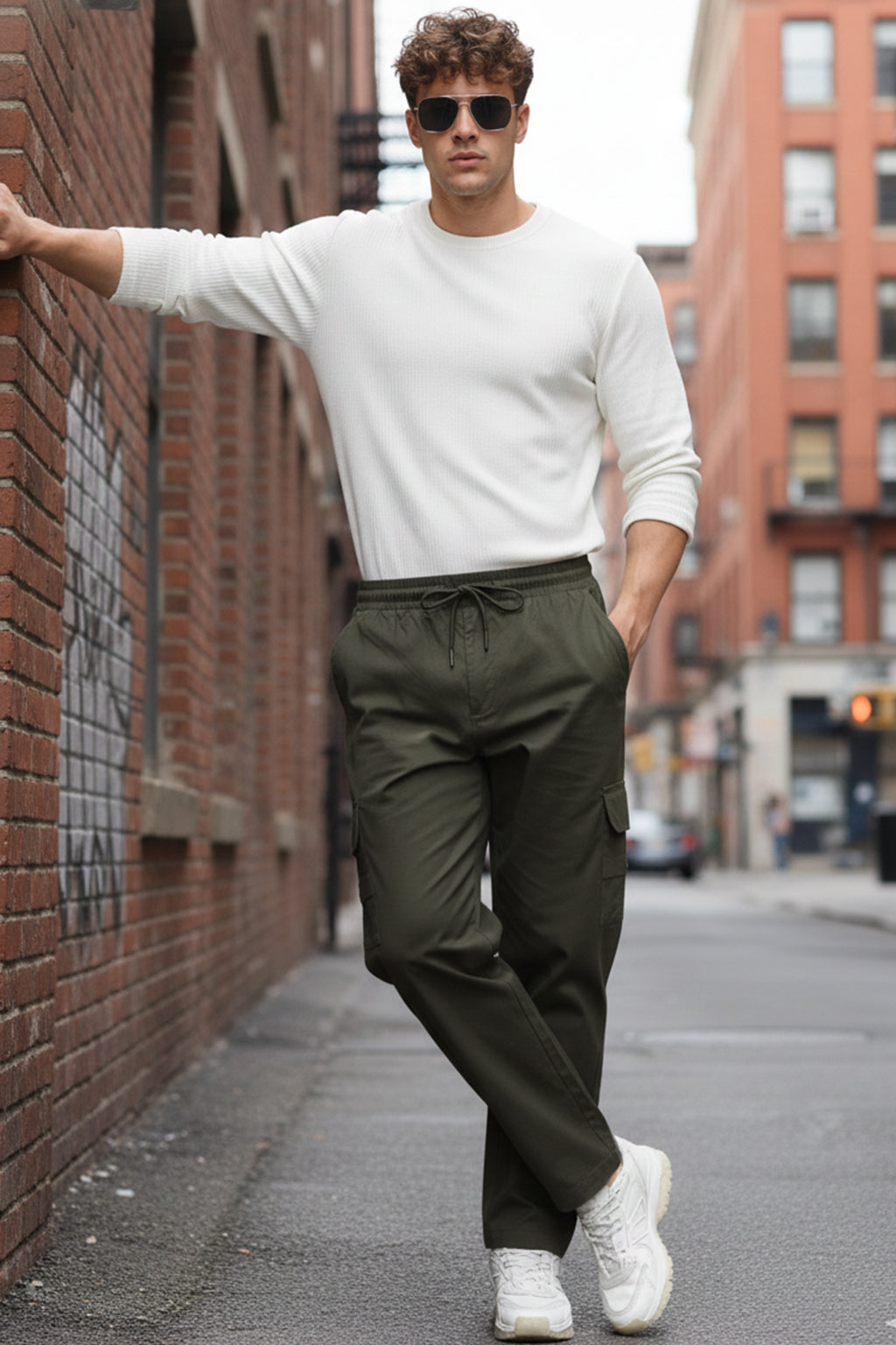 Olive Pure Cotton Baggy Fit 4 Pocket Cargo