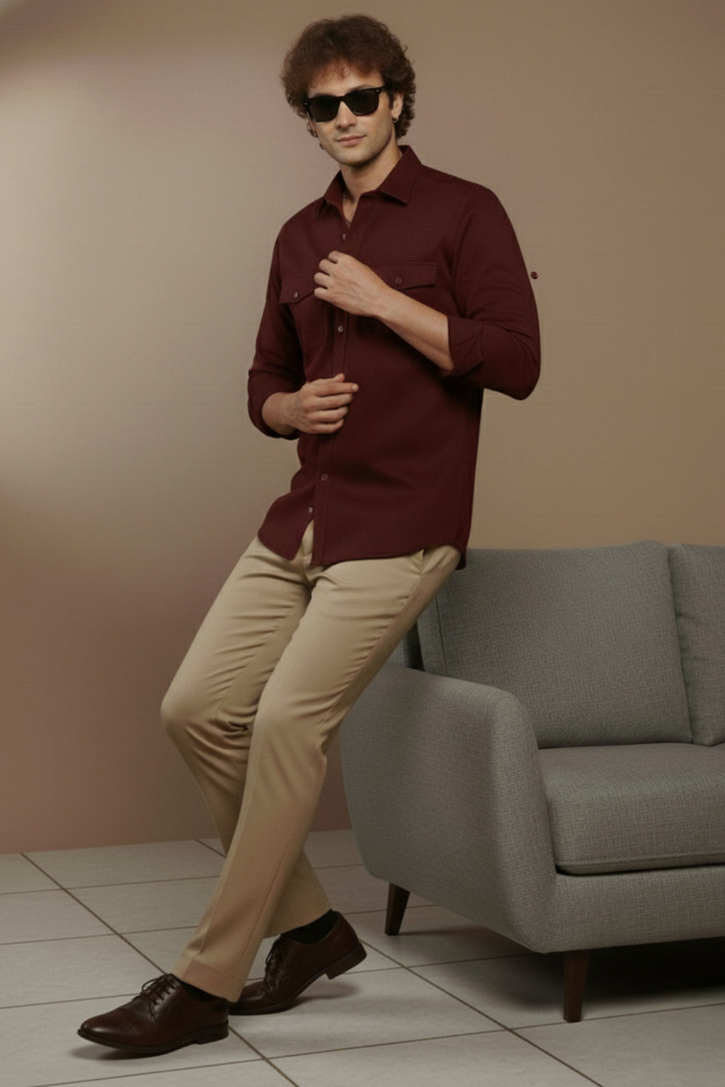 Maroon Plain Relaxed Fit Full Sleeve Dual Pocket Utility Exclusive Shirt