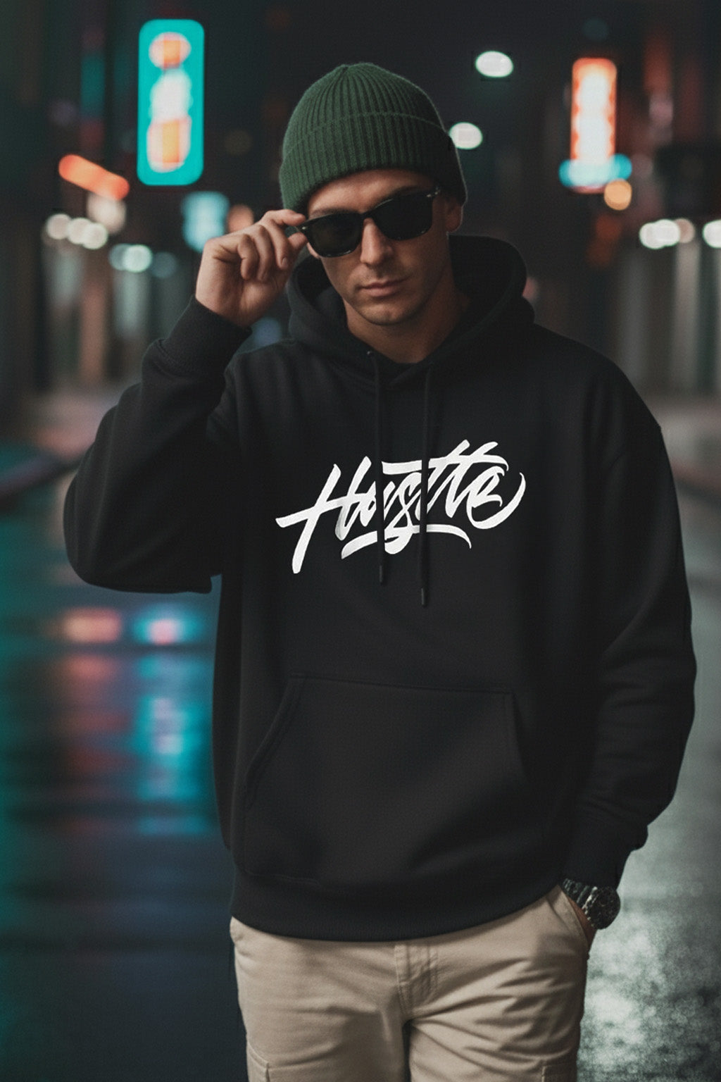 Hustle Black Oversized Back Graphic Printed Hoodie