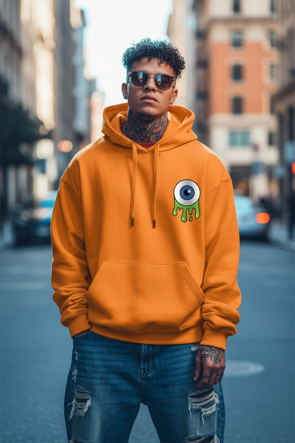 Eye Orange Oversized Pocket Graphic Printed Hoodie