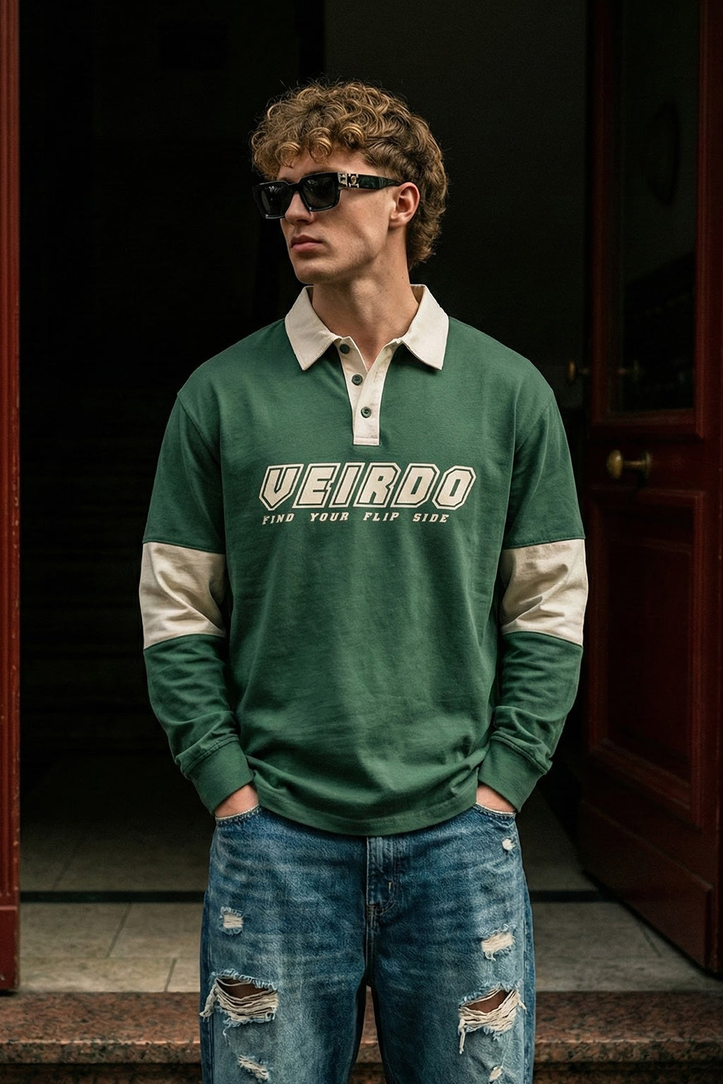 Veirdo Olive & Beige Oversized Full Sleeve Exclusive Polo T-shirt