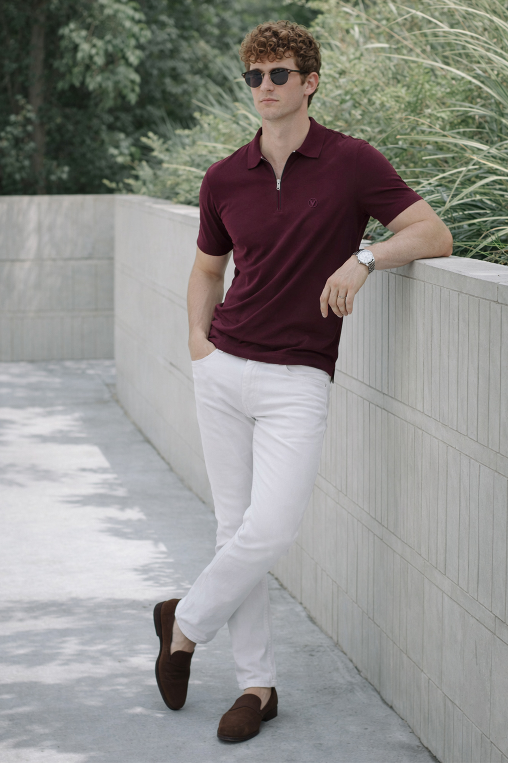 Burgundy Interlock Plain Regular Fit Zipper Polo T-shirt