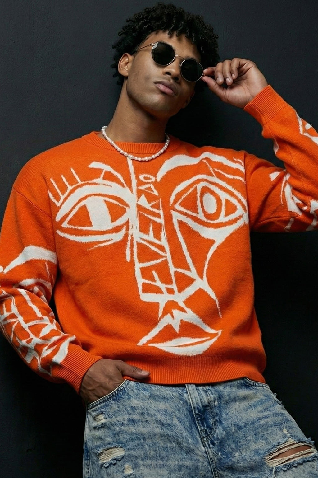 Veirdo Orange Flat knit Printed Regular Fit Sweatshirt