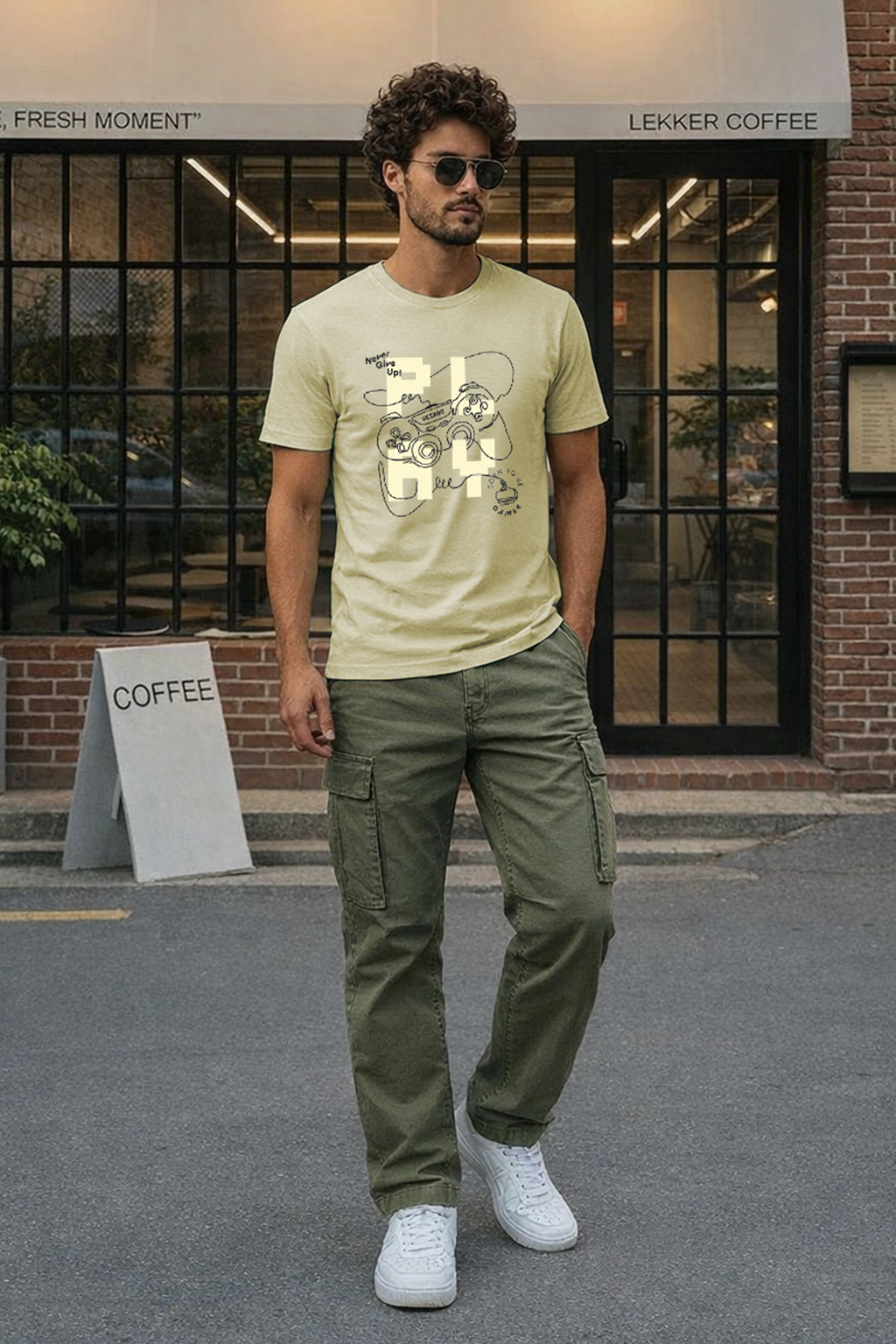 Never Give Up Green Regular Fit Printed T-shirt