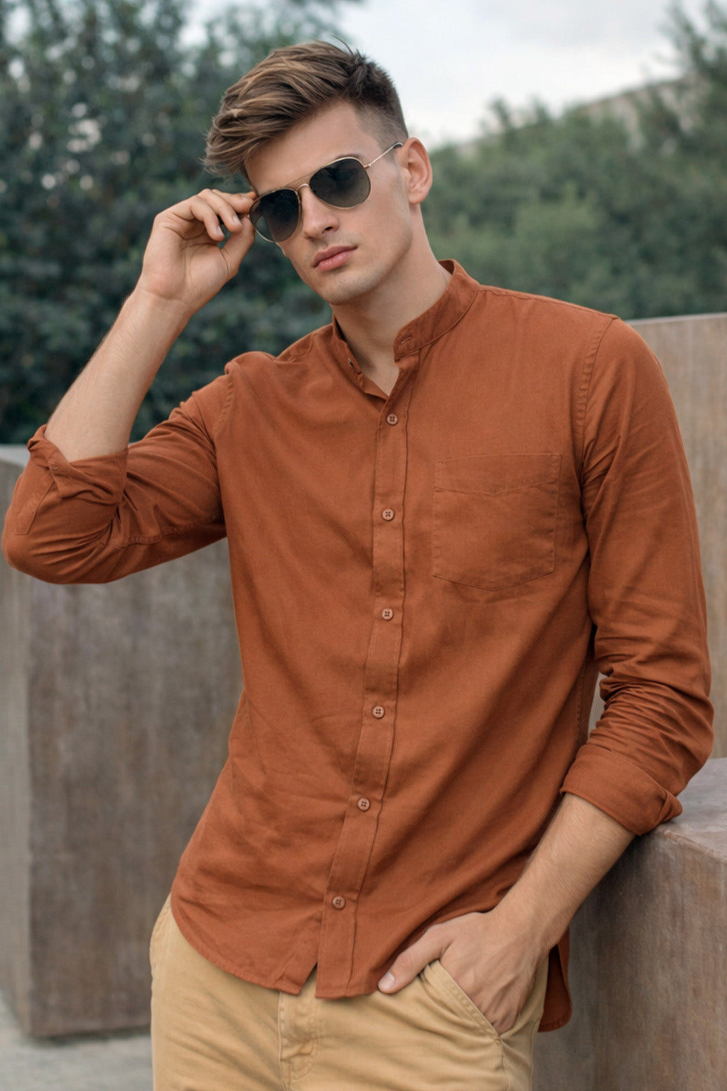 Rust Plain Regular Fit Chinese Collar Full Sleeve Exclusive Shirt