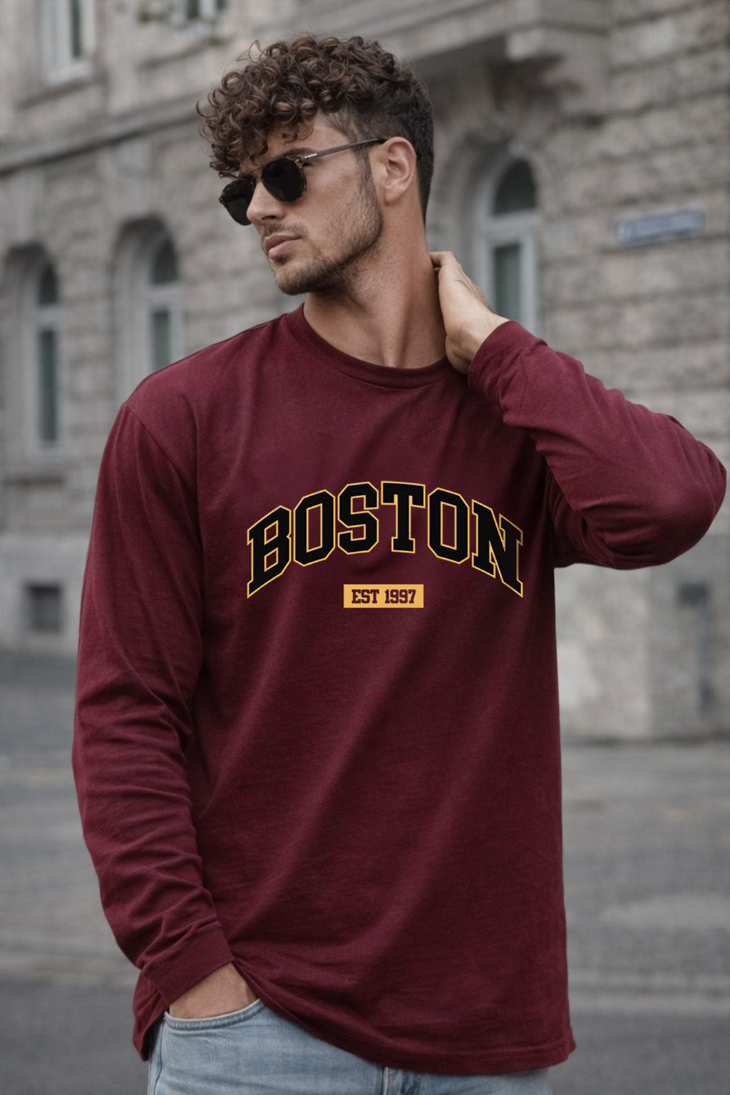 Boston Maroon Full Sleeves Regular Fit Printed T-shirt