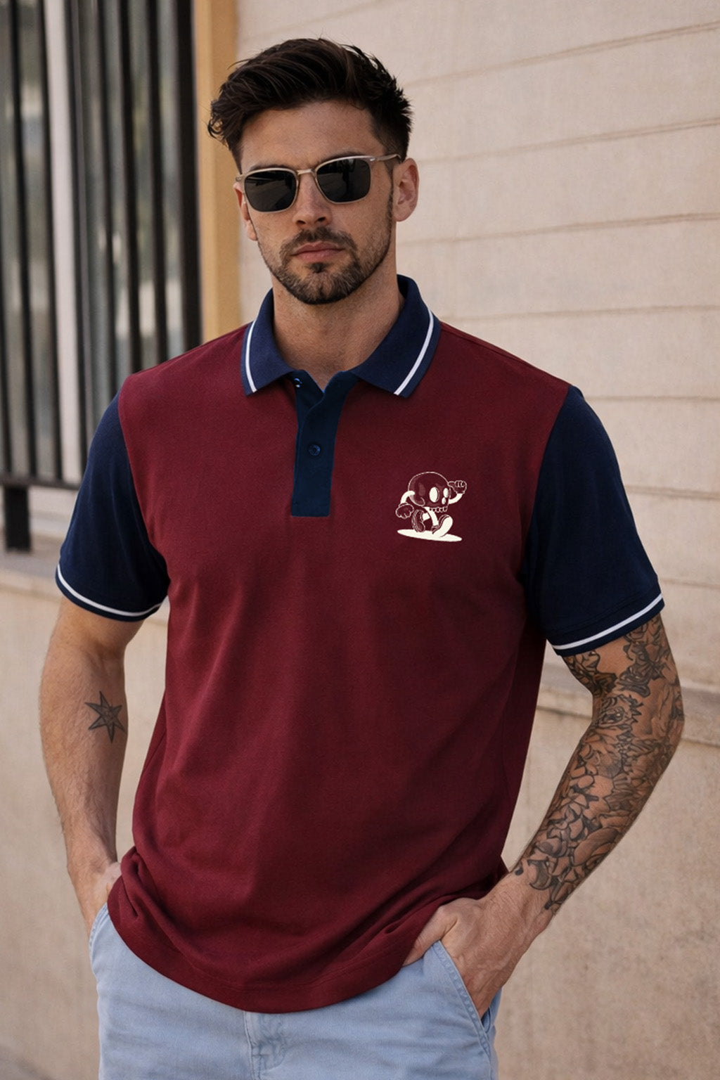 Skull Maroon Contrast Stripped Collar Economic Regular Fit Pique Polo