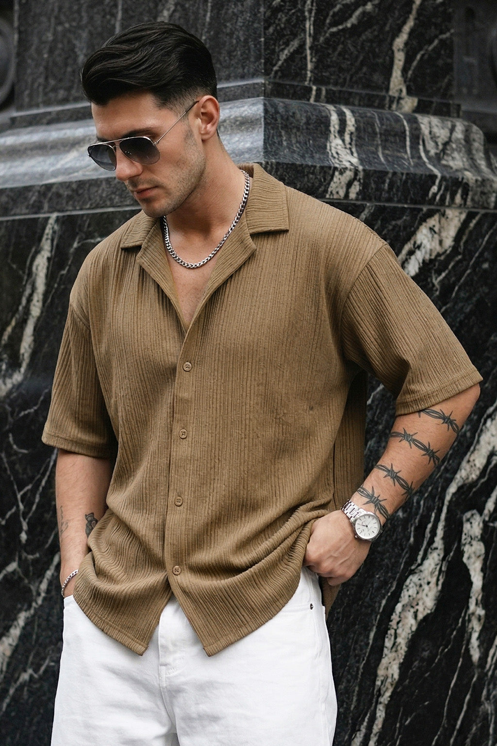 Khaki Textured Plain Oversized Exclusive Shirt