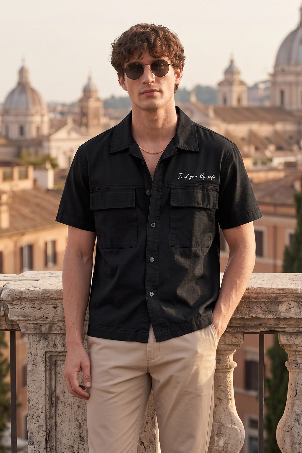 Black Utility Twill Cropped Short-Sleeve Exclusive Shirt