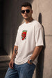 Fire Skull White Oversized Textured T-shirt