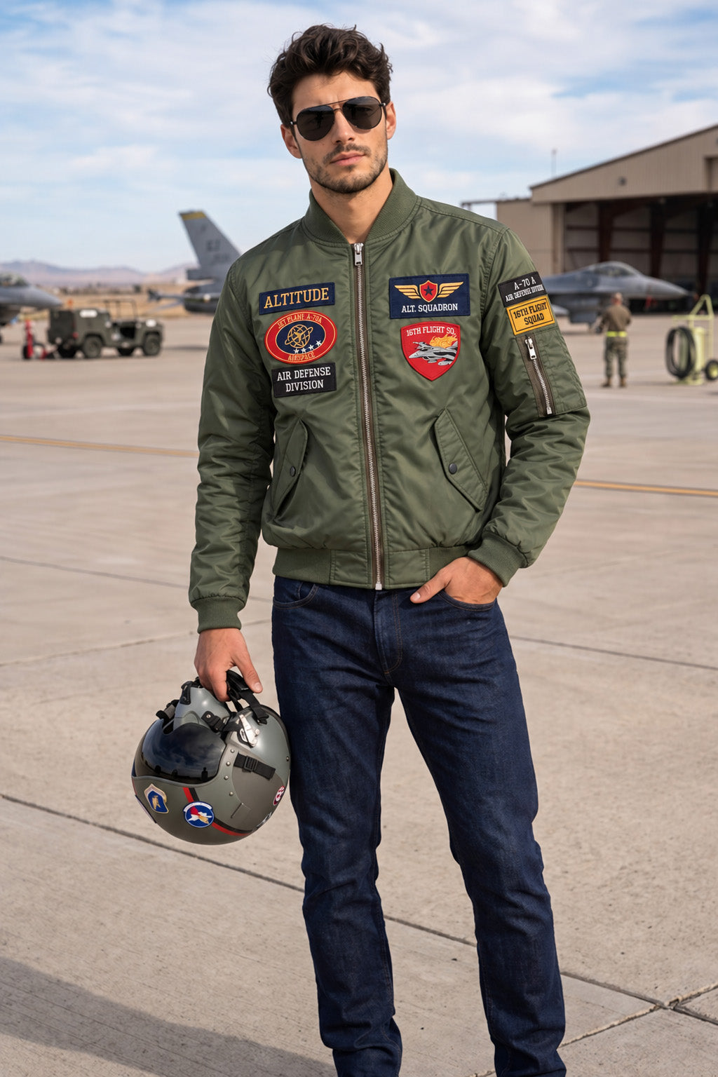 Altitude Olive Green Multi-Patch Detailed Full Sleeve Zip-Up Pilot Jacket