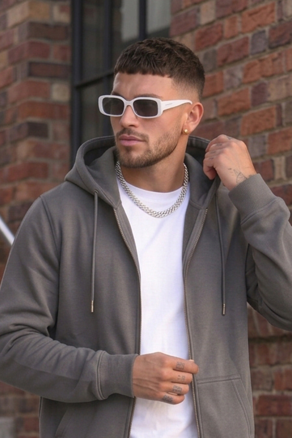Grey Ribbed Cuff Regular Fit Zip-Up Hoodie