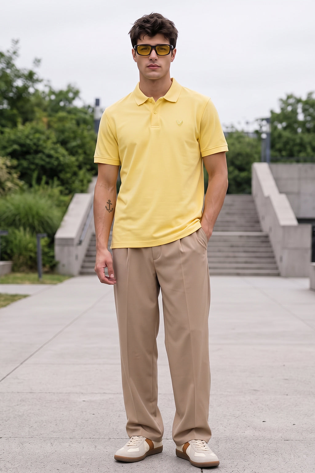 Yellow Interlock Plain Regular Fit Button Polo T-shirt