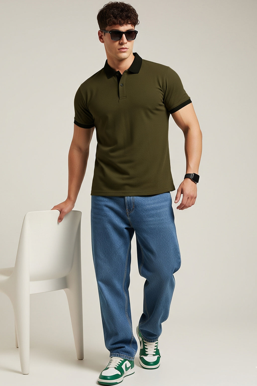 Olive Black Cotton Regular Fit Polo T-shirt