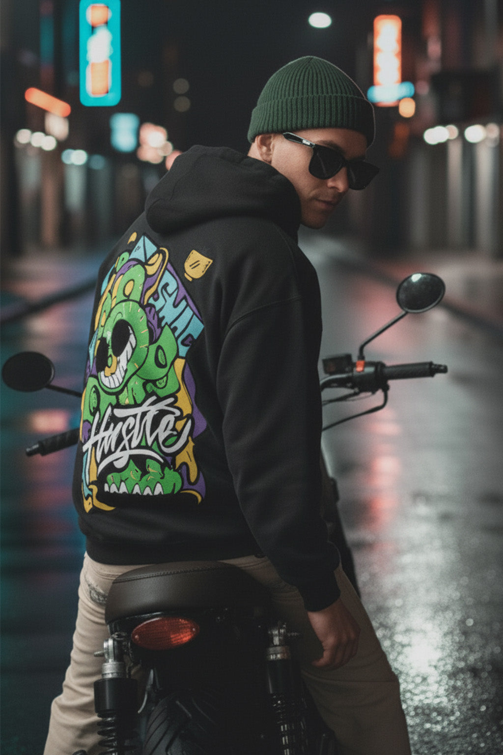 Hustle Black Oversized Back Graphic Printed Hoodie