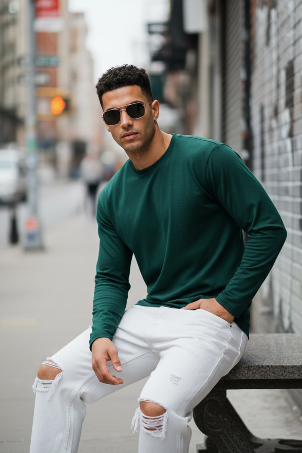 Green Plain Full Sleeves Regular Fit T-shirt