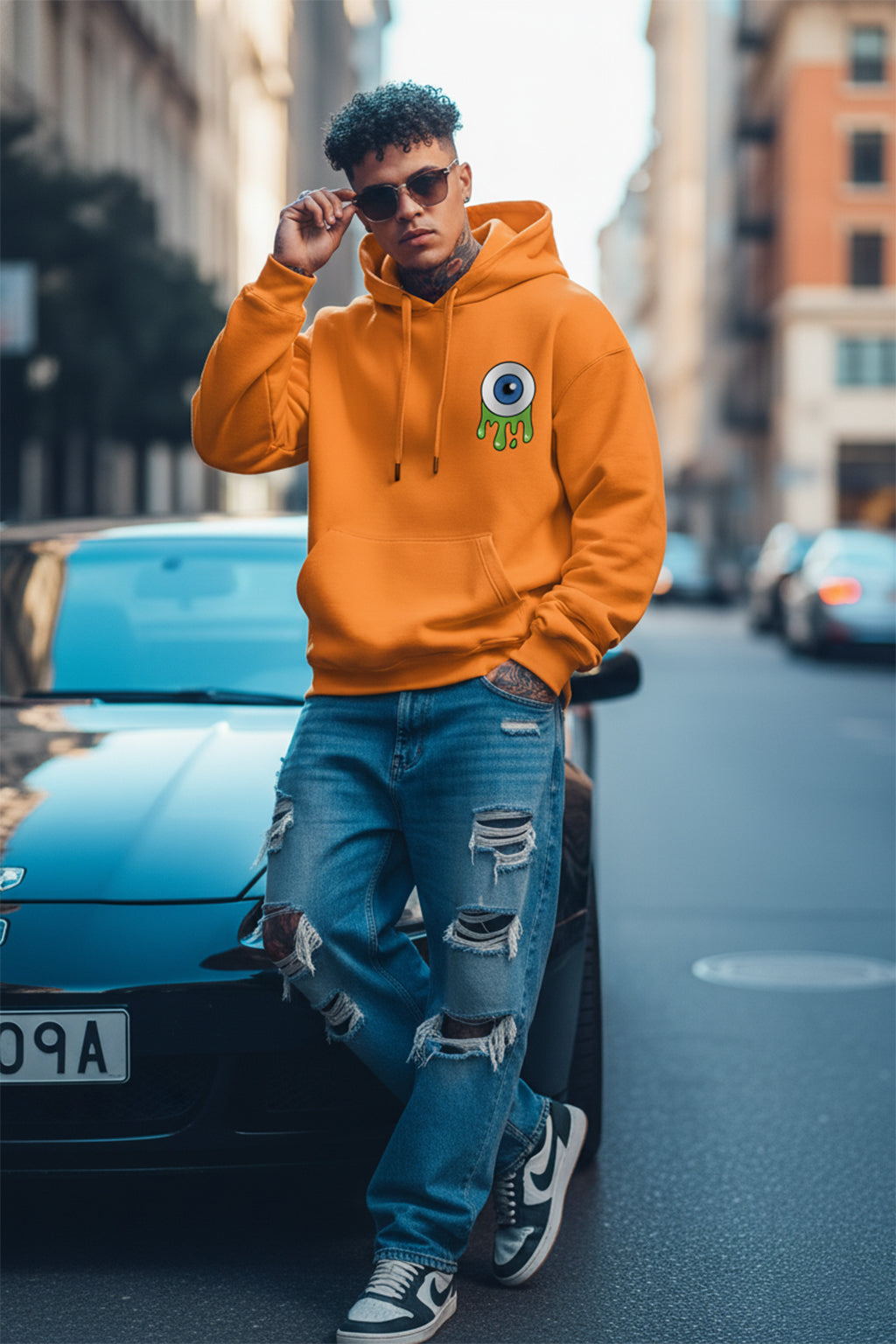 Eye Orange Oversized Pocket Graphic Printed Hoodie