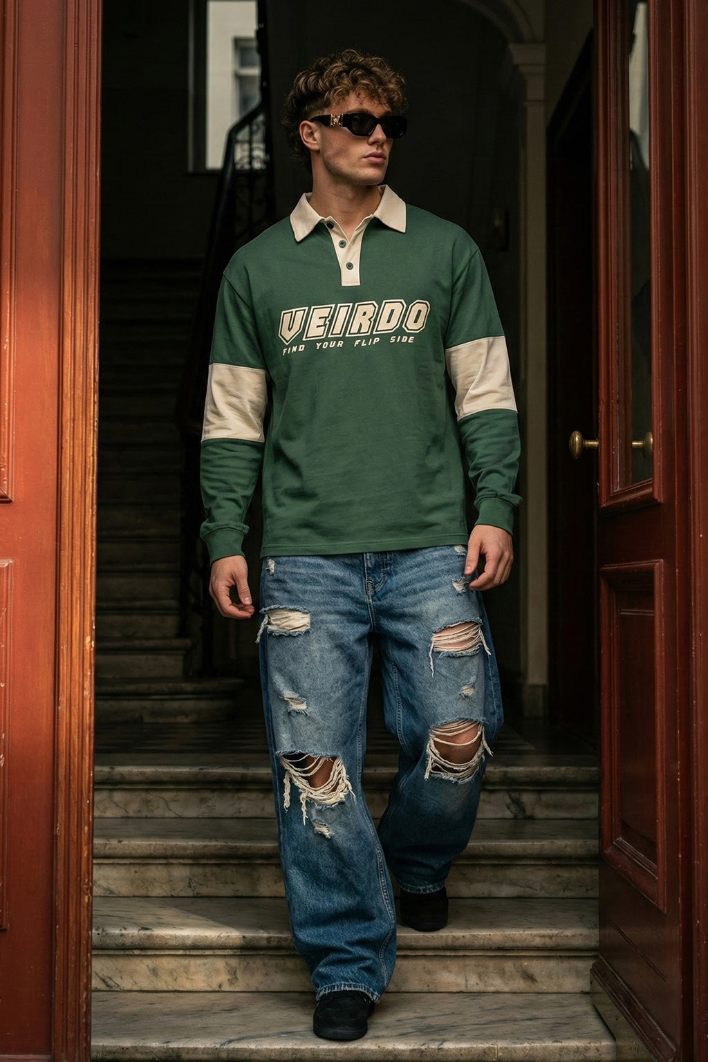 Veirdo Olive & Beige Oversized Full Sleeve Exclusive Polo T-shirt