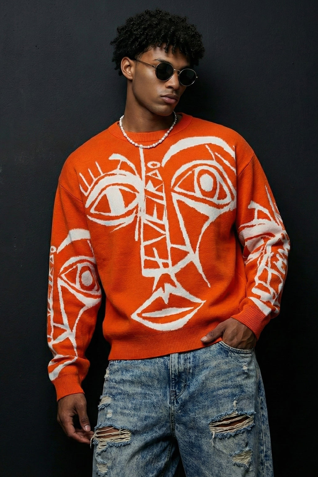 Veirdo Orange Flat knit Printed Regular Fit Sweatshirt