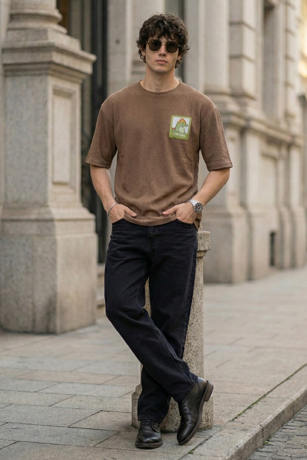 I'm Fine Brown Oversized Textured Exclusive T-shirt