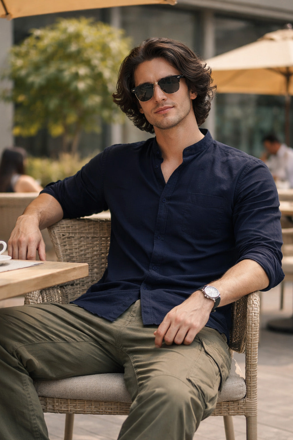 Navy Plain Regular Fit Chinese Collar Full Sleeve Exclusive Shirt