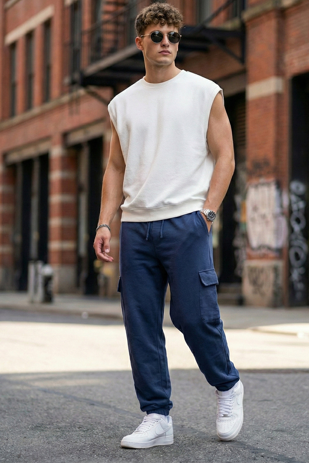 Navy Solid Baggy Fit Cargo Joggers