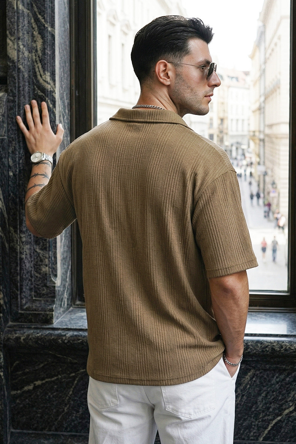 Khaki Textured Plain Oversized Exclusive Shirt