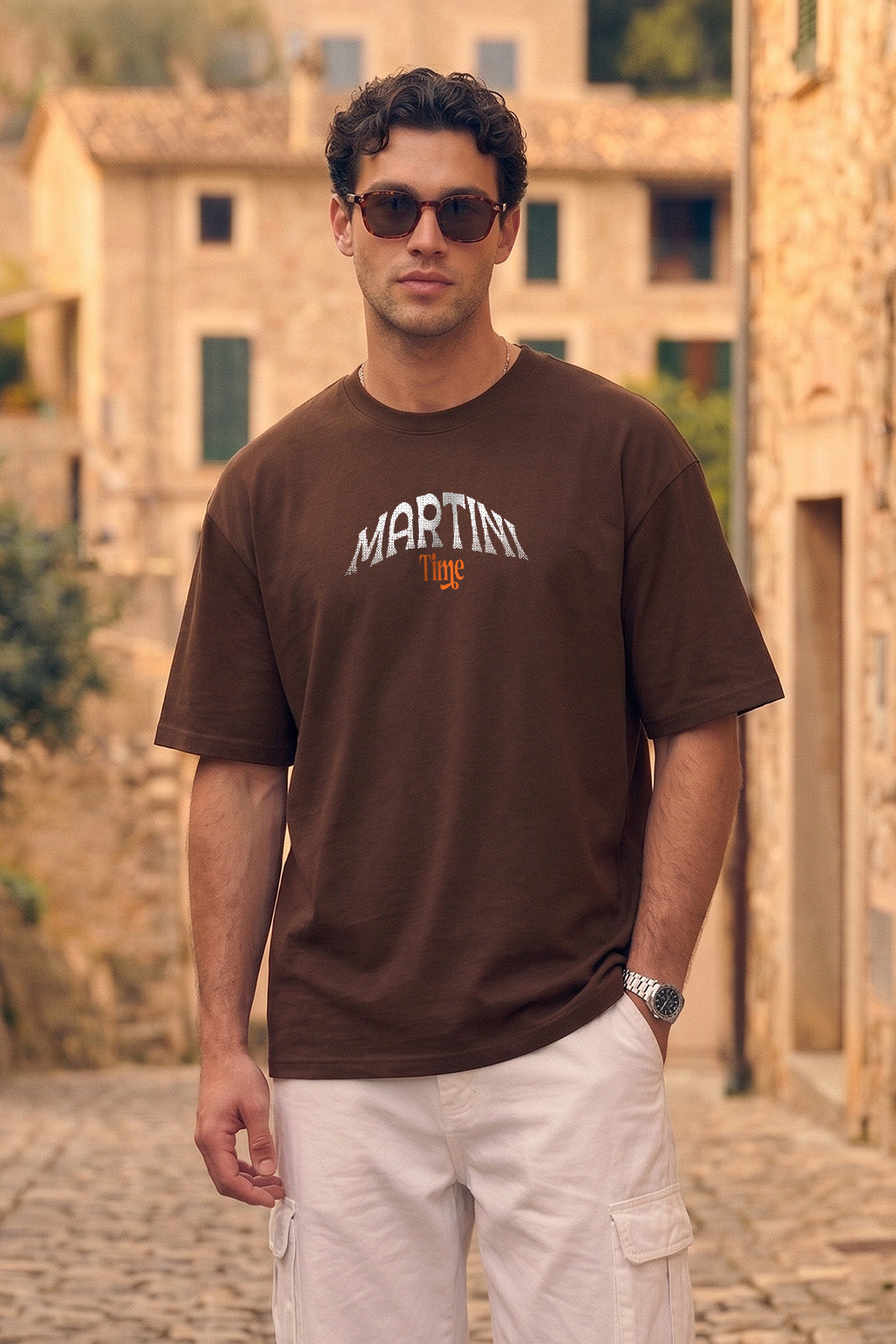 Martini Brown Oversized Printed T-shirt