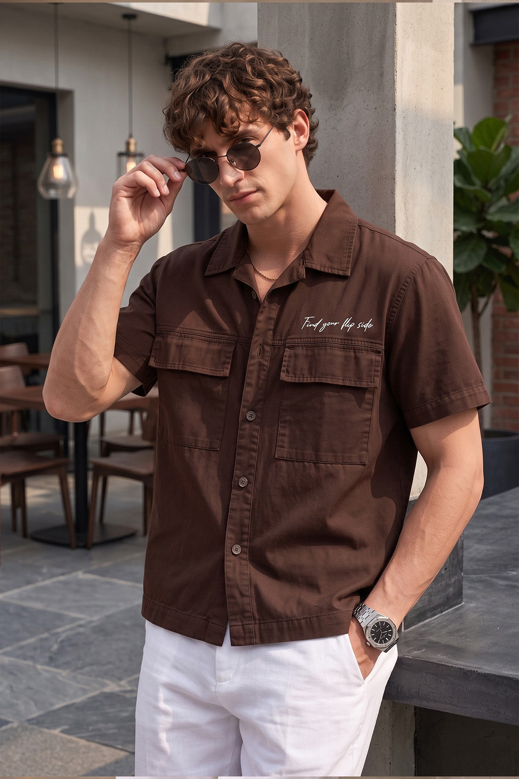 Brown Utility Twill Cropped Short-Sleeve Exclusive Shirt