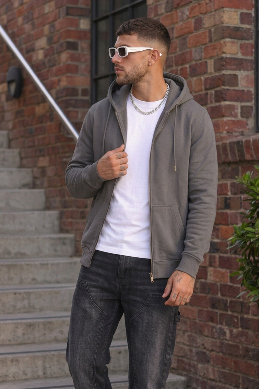 Grey Ribbed Cuff Regular Fit Zip-Up Hoodie