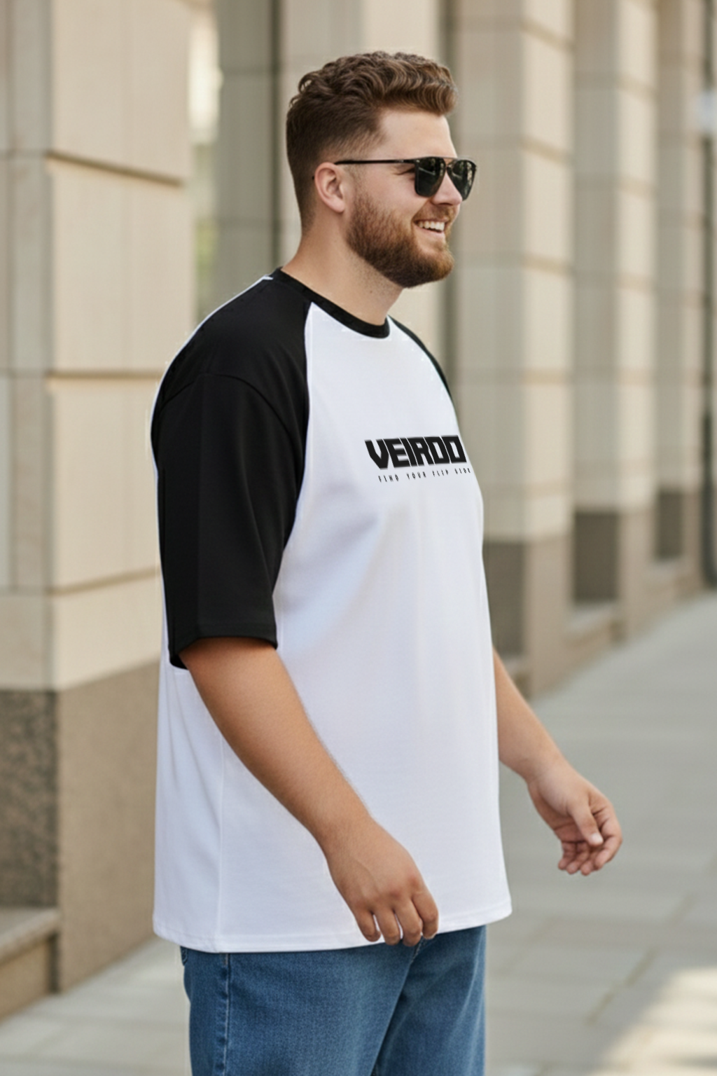 Veirdo Original White & Black Raglan Sleeve Graphic Printed Plus Size T-shirt