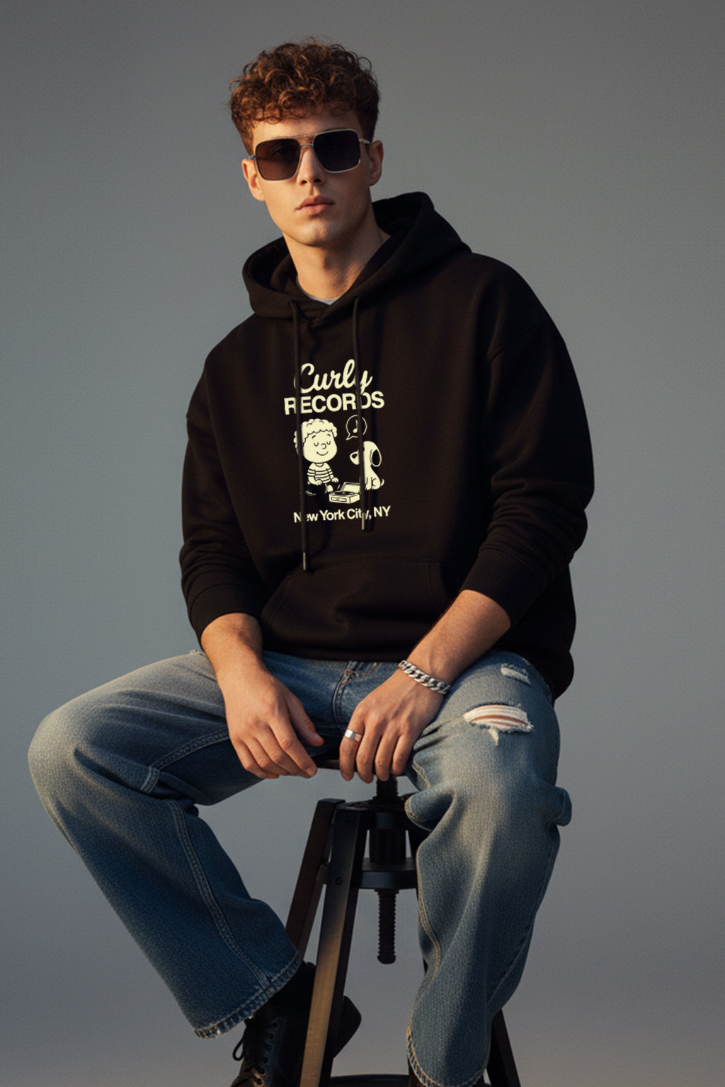 Curly Records Black Oversized Printed Hoodie