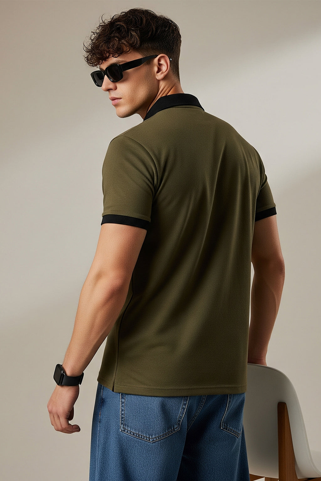 Olive Black Cotton Regular Fit Polo T-shirt