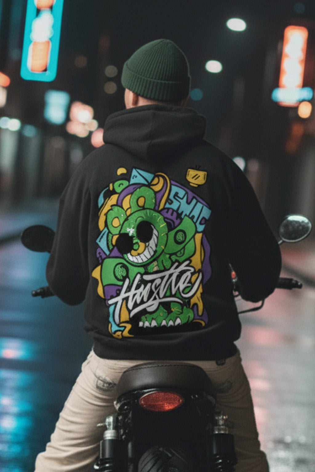 Hustle Black Oversized Back Graphic Printed Hoodie