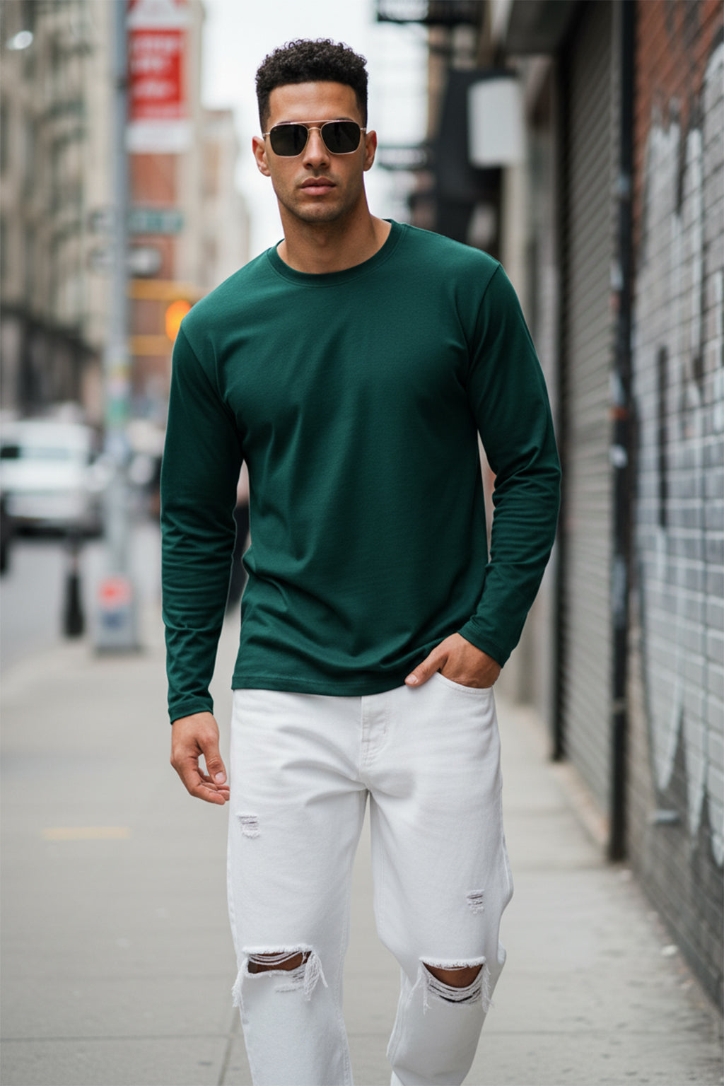 Green Plain Full Sleeves Regular Fit T-shirt