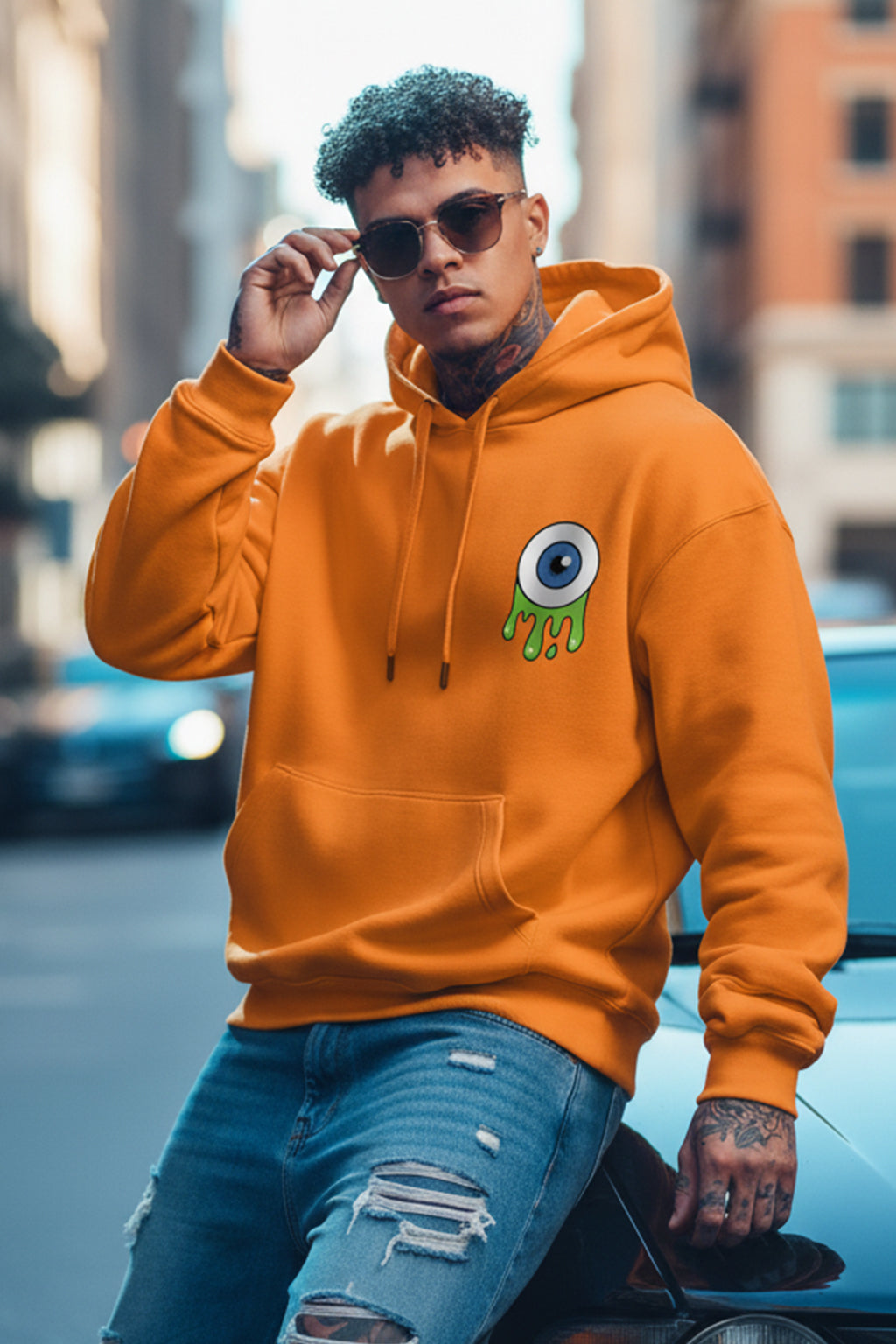 Eye Orange Oversized Pocket Graphic Printed Hoodie