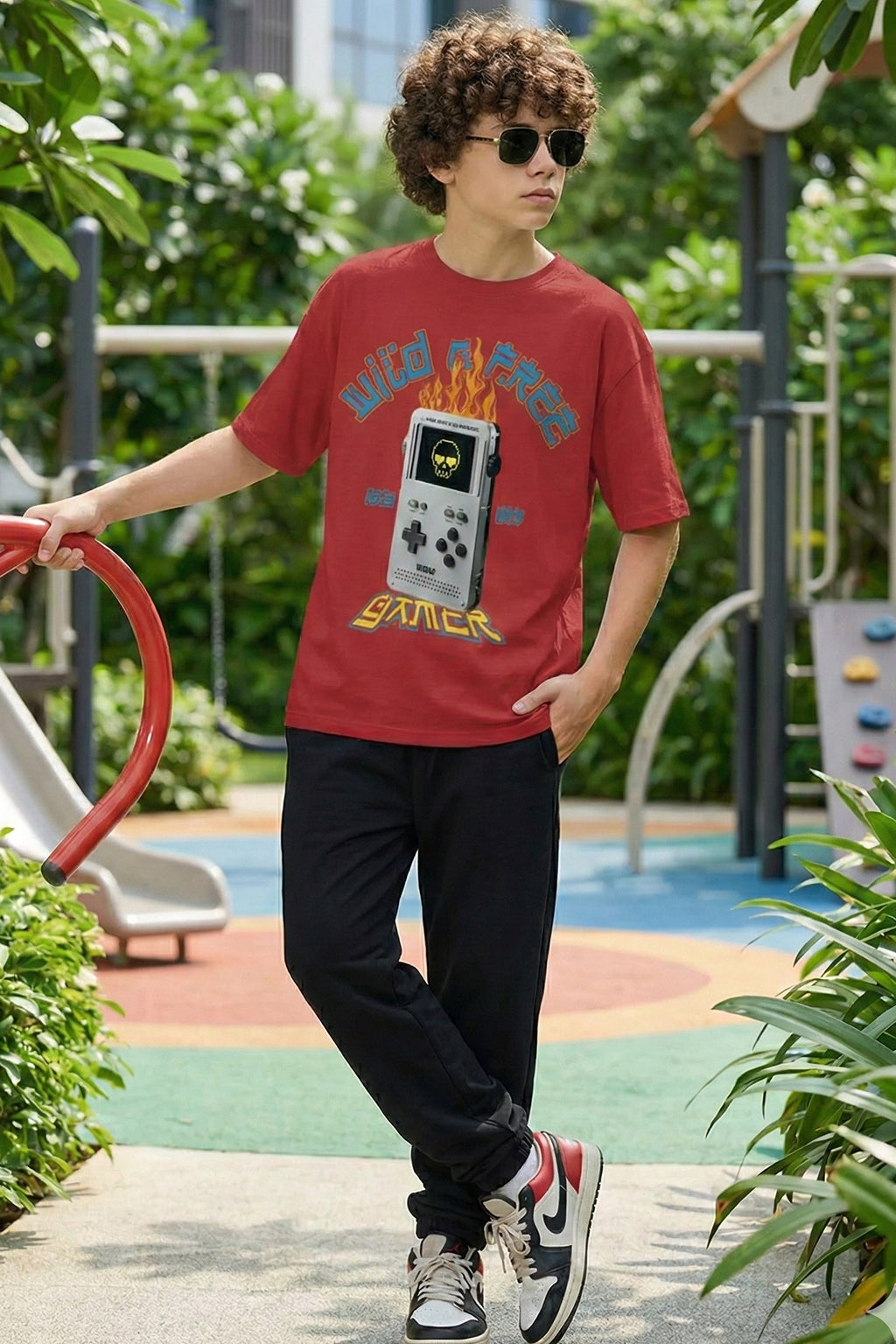 Wild Free Red Oversized Graphic Printed Boys T-shirt