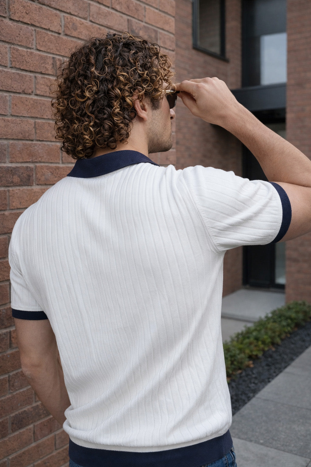 White Contrast Collar Flatknit Textured Regular Fit Exclusive Polo T-Shirt