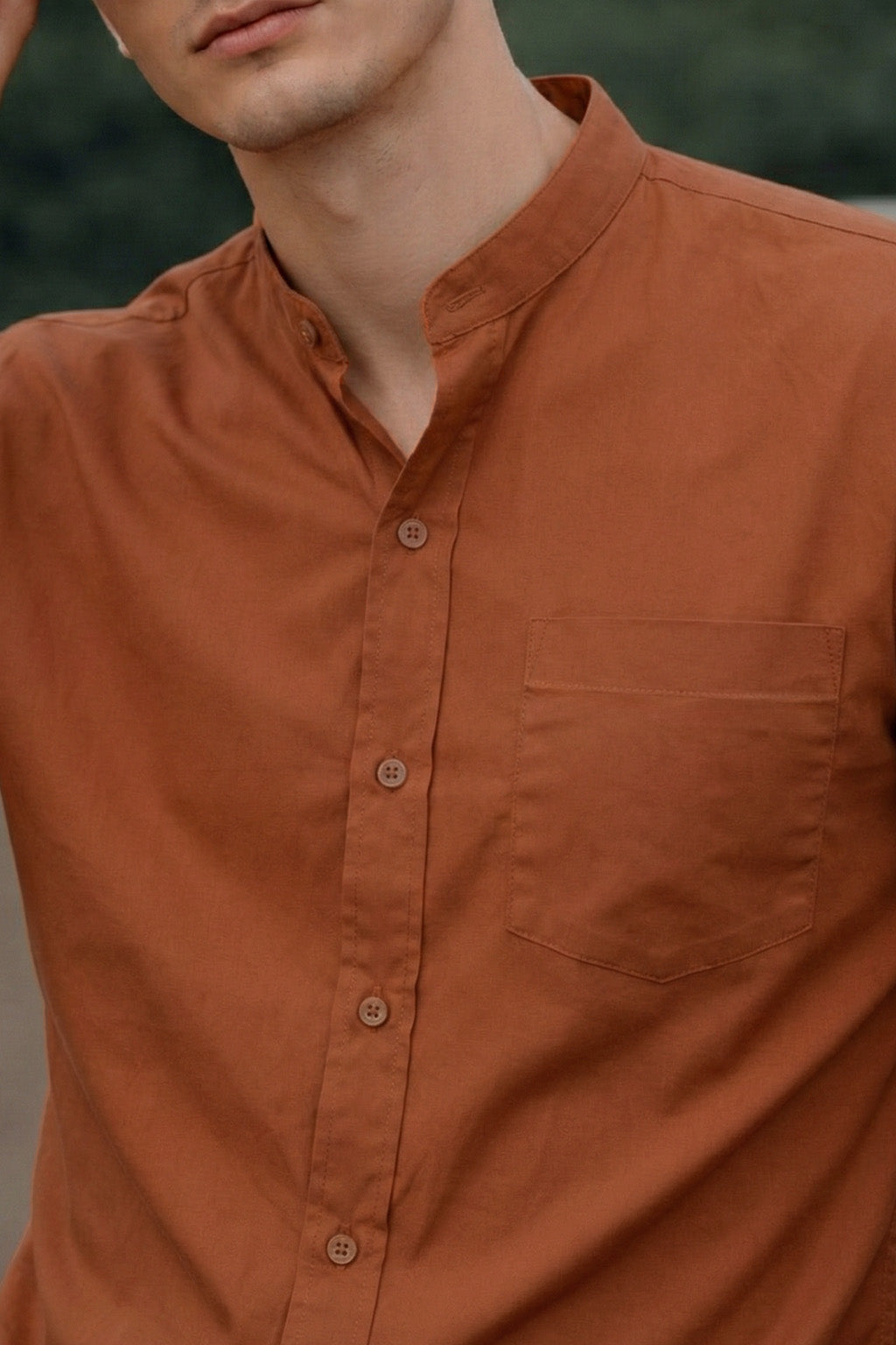 Rust Plain Regular Fit Chinese Collar Full Sleeve Exclusive Shirt